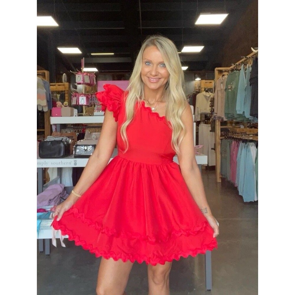 Red One Shoulder Mini Dress Tiered Flounce Skirt Size Large Game Day Preppy Club